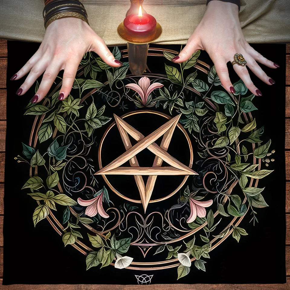 Pagan Altar Cloth with Star Pattern Vibrant Floral & Plants Vines Tarot Cloth For Divination Decor Witchcraft Oracle Cards Pads
