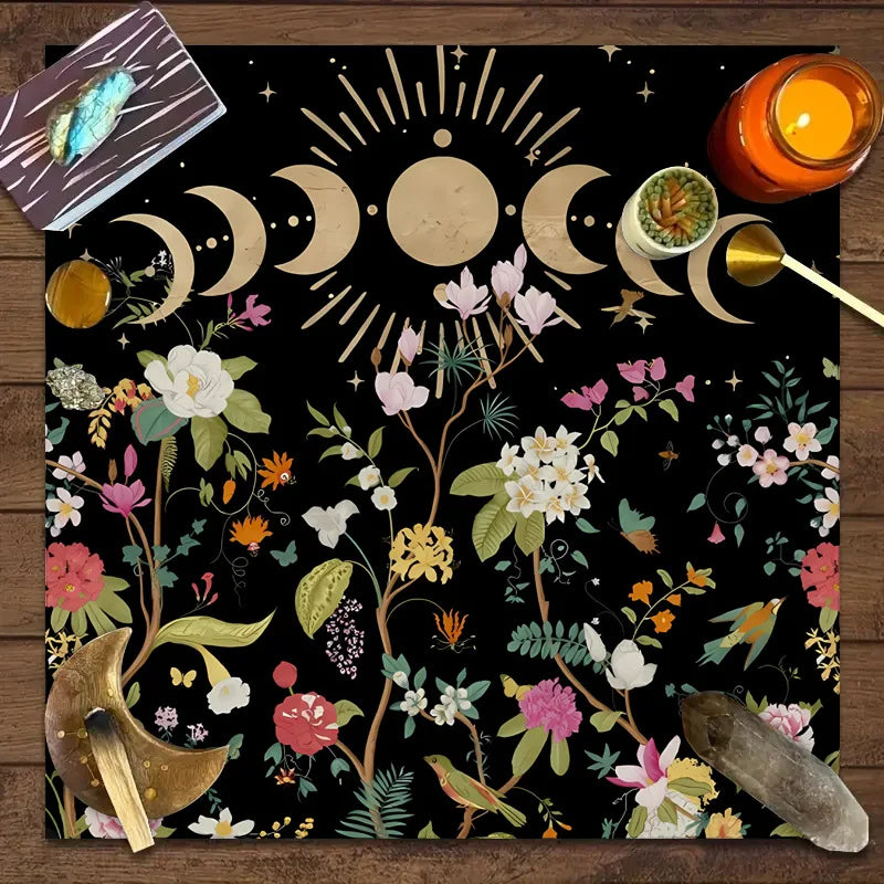 VIKAMA Moon Phase Floral Mushroom Tarot Altar Cloth Witchcraft Divination Mat Mystic Nature Ritual Tablecloth
