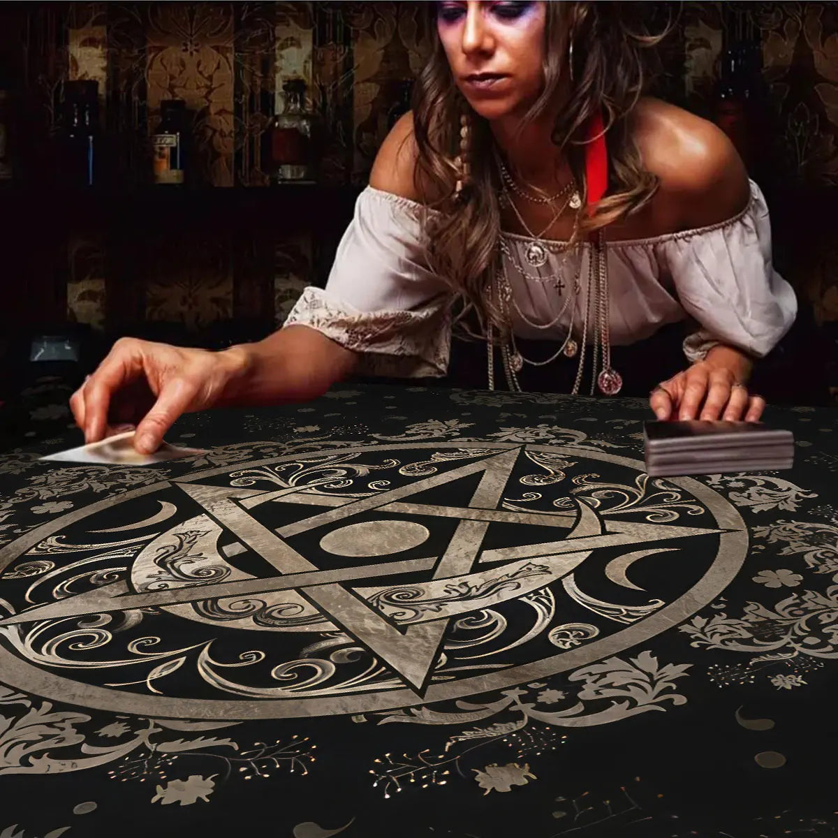 Pagan Altar Cloth with Star Pattern Vibrant Floral & Plants Vines Tarot Cloth For Divination Decor Witchcraft Oracle Cards Pads