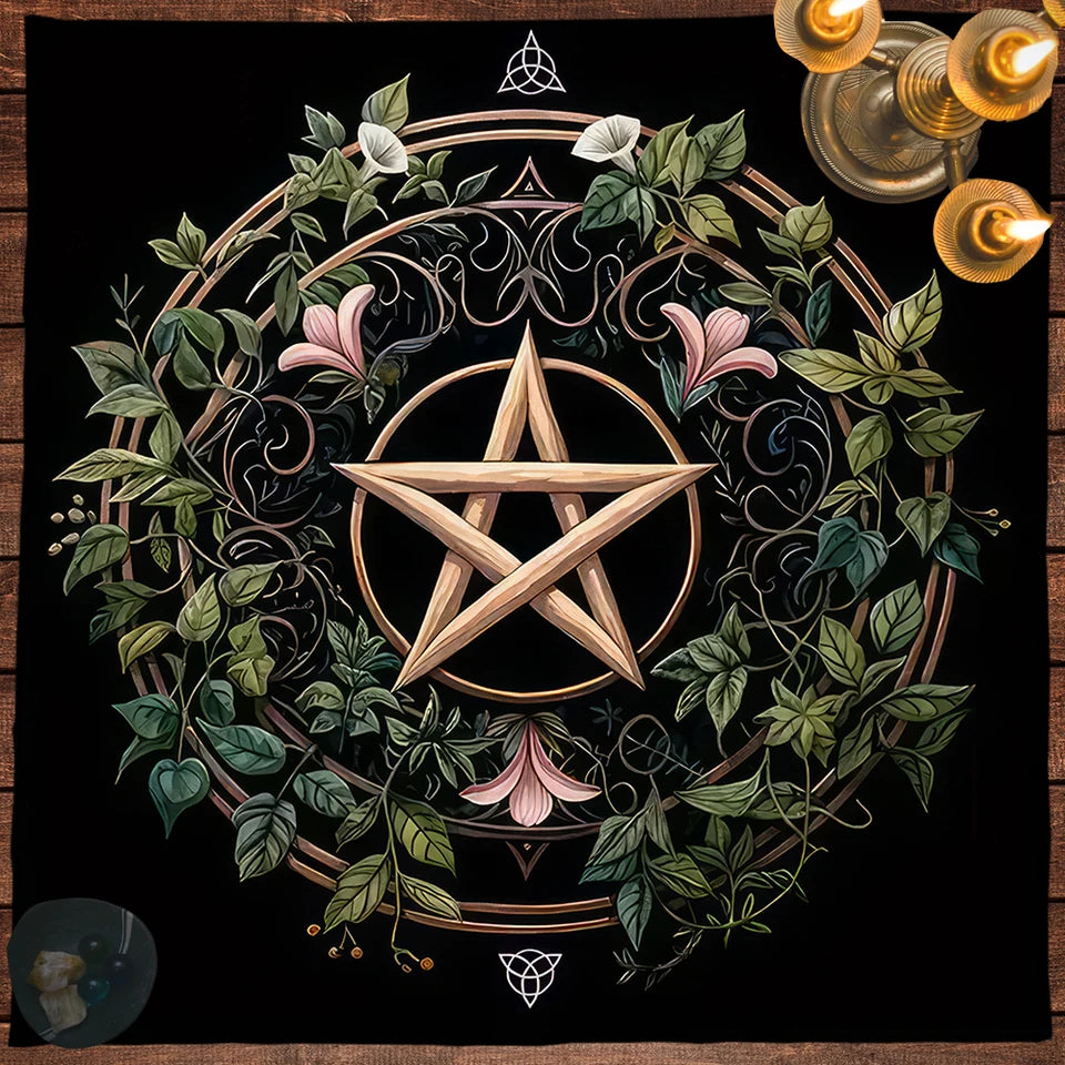 Pagan Altar Cloth with Star Pattern Vibrant Floral & Plants Vines Tarot Cloth For Divination Decor Witchcraft Oracle Cards Pads