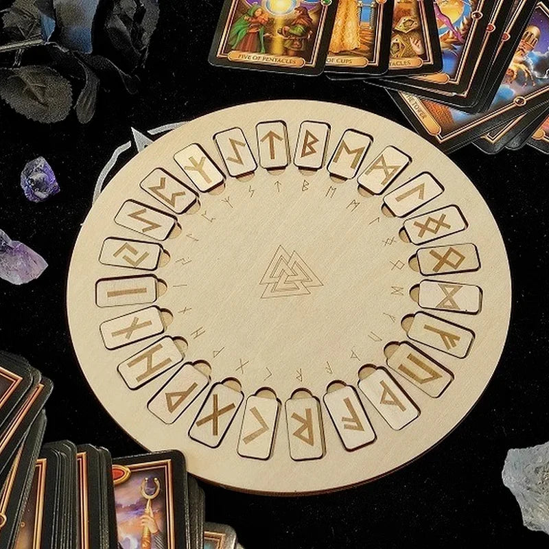 24Pcs Wood Runes Set Rune Board Kit Round Wooden Tile Divination Occultism Fortune-telling  Witchcraft Supplies for Altar WICCA