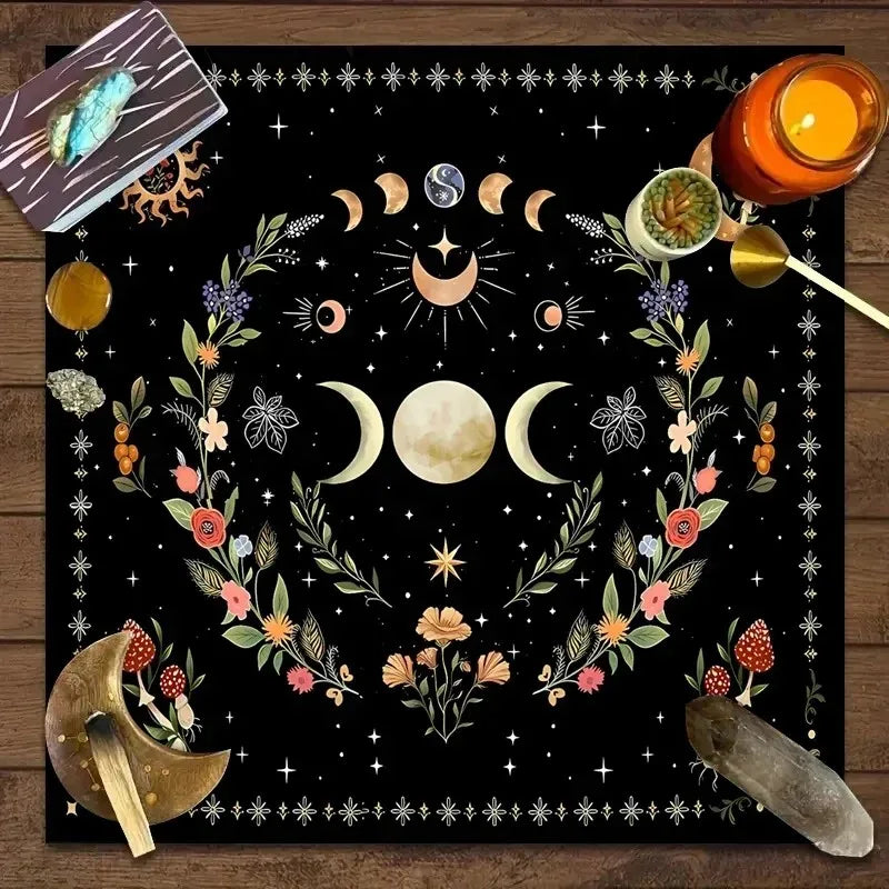 VIKAMA Moon Phase Floral Mushroom Tarot Altar Cloth Witchcraft Divination Mat Mystic Nature Ritual Tablecloth