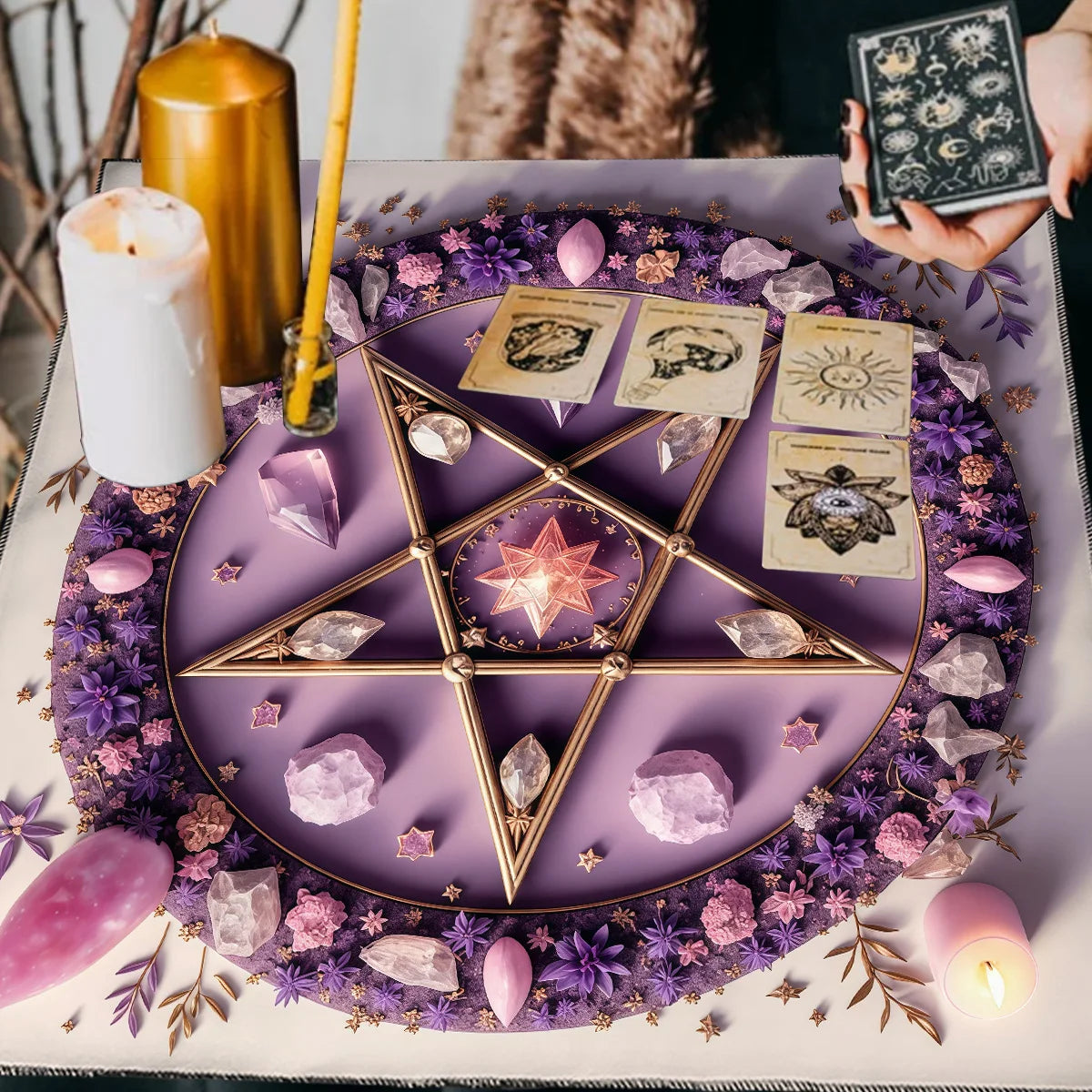 Pagan Altar Cloth with Star Pattern Vibrant Floral & Plants Vines Tarot Cloth For Divination Decor Witchcraft Oracle Cards Pads