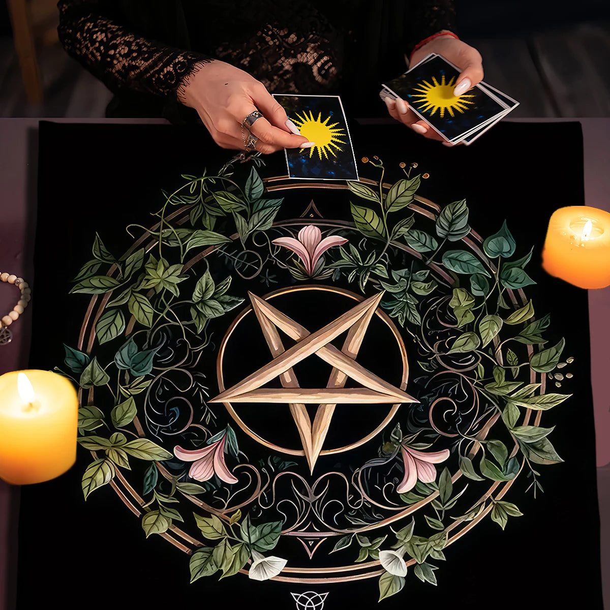 Pagan Altar Cloth with Star Pattern Vibrant Floral & Plants Vines Tarot Cloth For Divination Decor Witchcraft Oracle Cards Pads