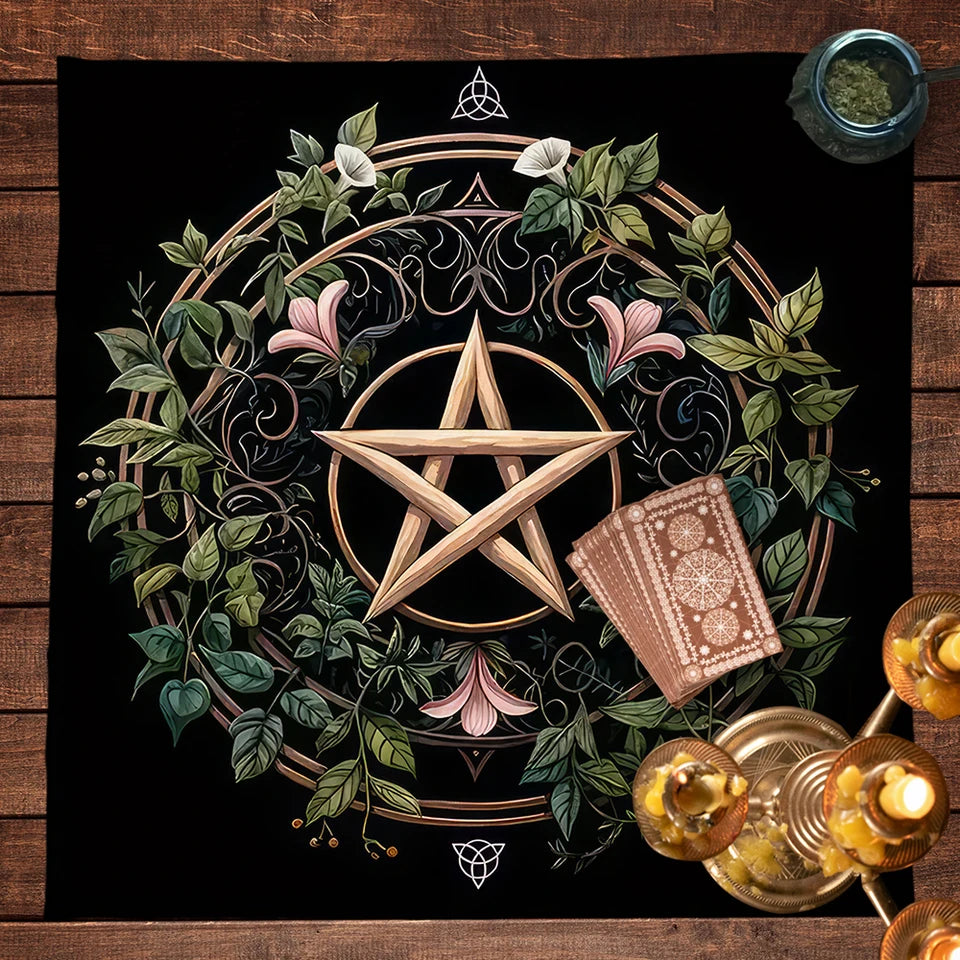 Pagan Altar Cloth with Star Pattern Vibrant Floral & Plants Vines Tarot Cloth For Divination Decor Witchcraft Oracle Cards Pads