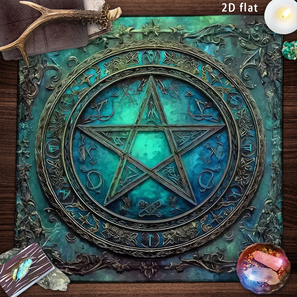 Gothic Pentagram Altar Cloth Tarot Tablecloth Mystical  Blue-green Pagan Witchcraft Divination Cloth Tarot Reading Tarot Mat