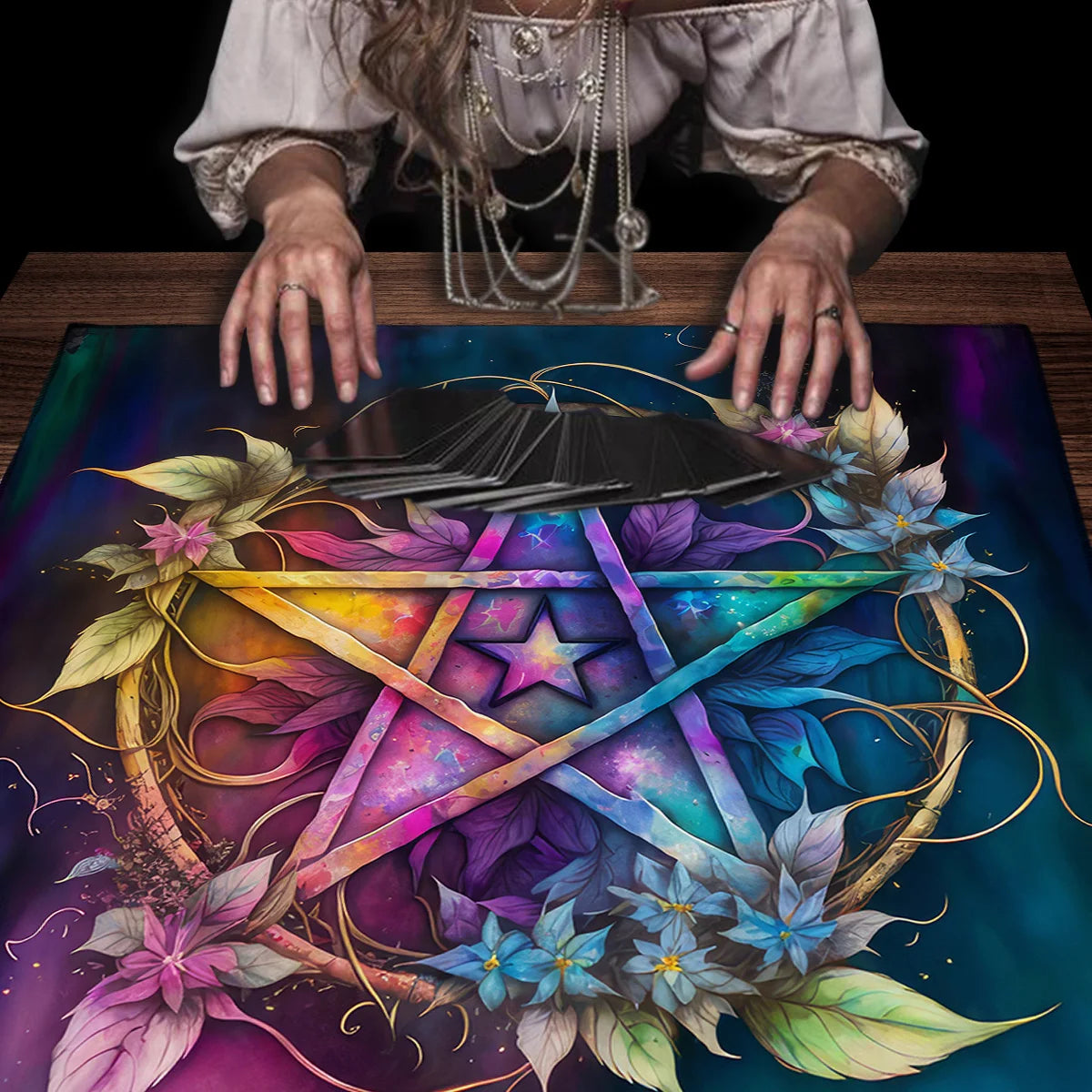 Pagan Altar Cloth with Star Pattern Vibrant Floral & Plants Vines Tarot Cloth For Divination Decor Witchcraft Oracle Cards Pads