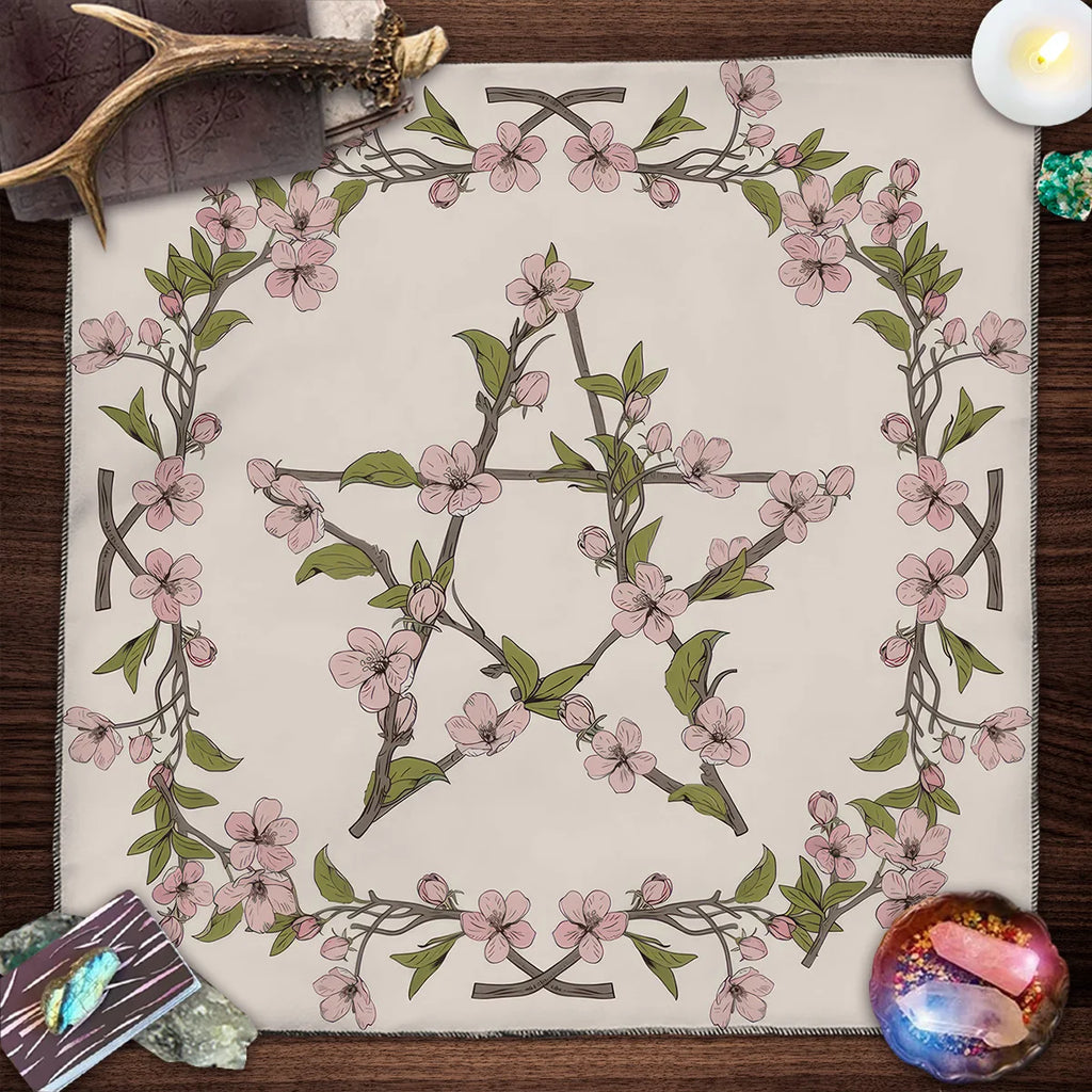 Pagan Altar Cloth with Star Pattern Vibrant Floral & Plants Vines Tarot Cloth For Divination Decor Witchcraft Oracle Cards Pads