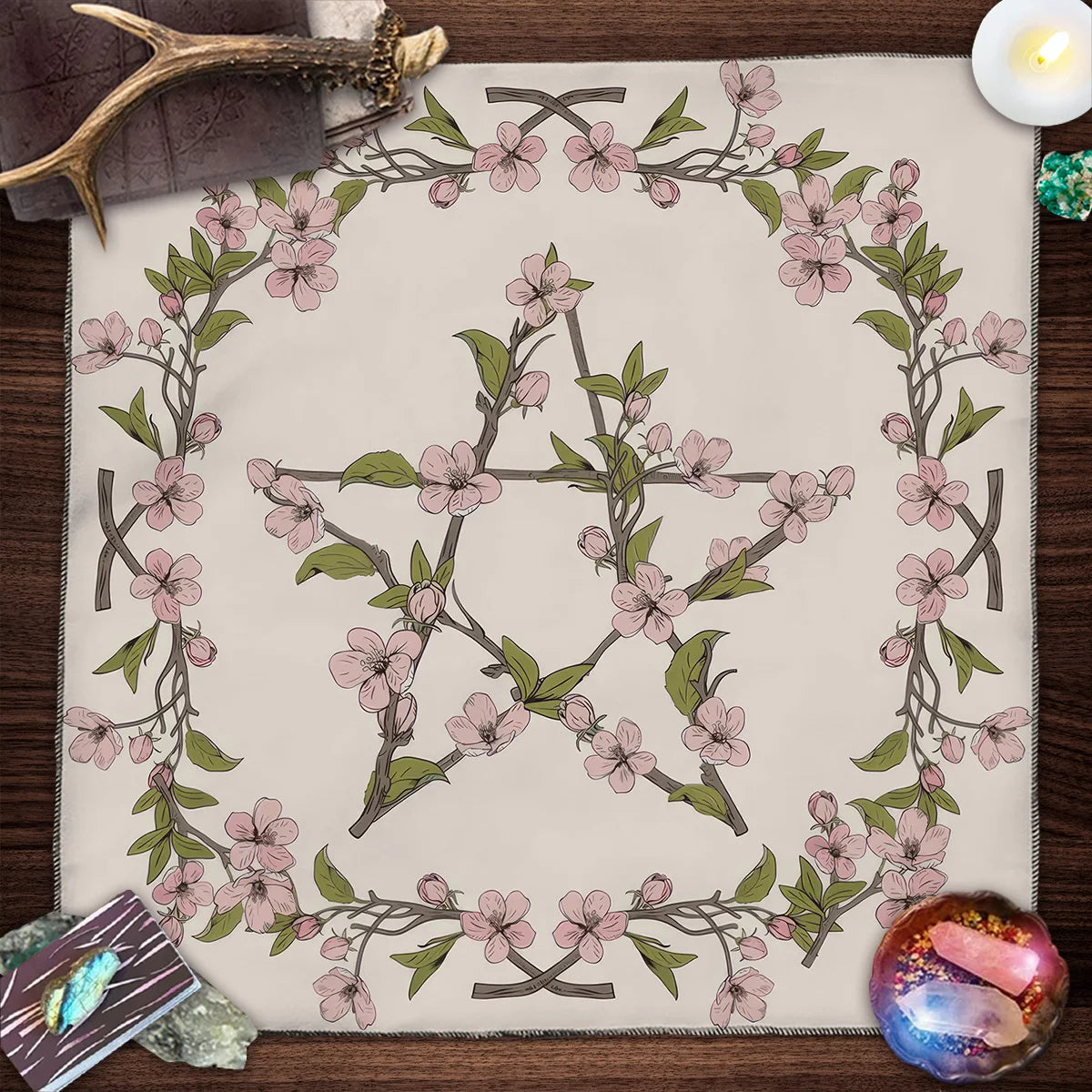 Pagan Altar Cloth with Star Pattern Vibrant Floral & Plants Vines Tarot Cloth For Divination Decor Witchcraft Oracle Cards Pads