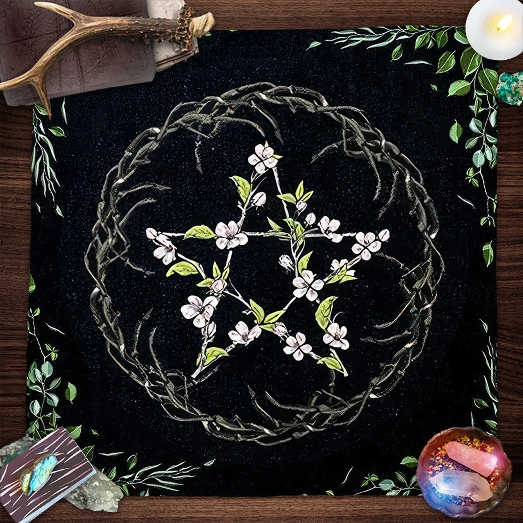 Pagan Altar Cloth with Star Pattern Vibrant Floral & Plants Vines Tarot Cloth For Divination Decor Witchcraft Oracle Cards Pads