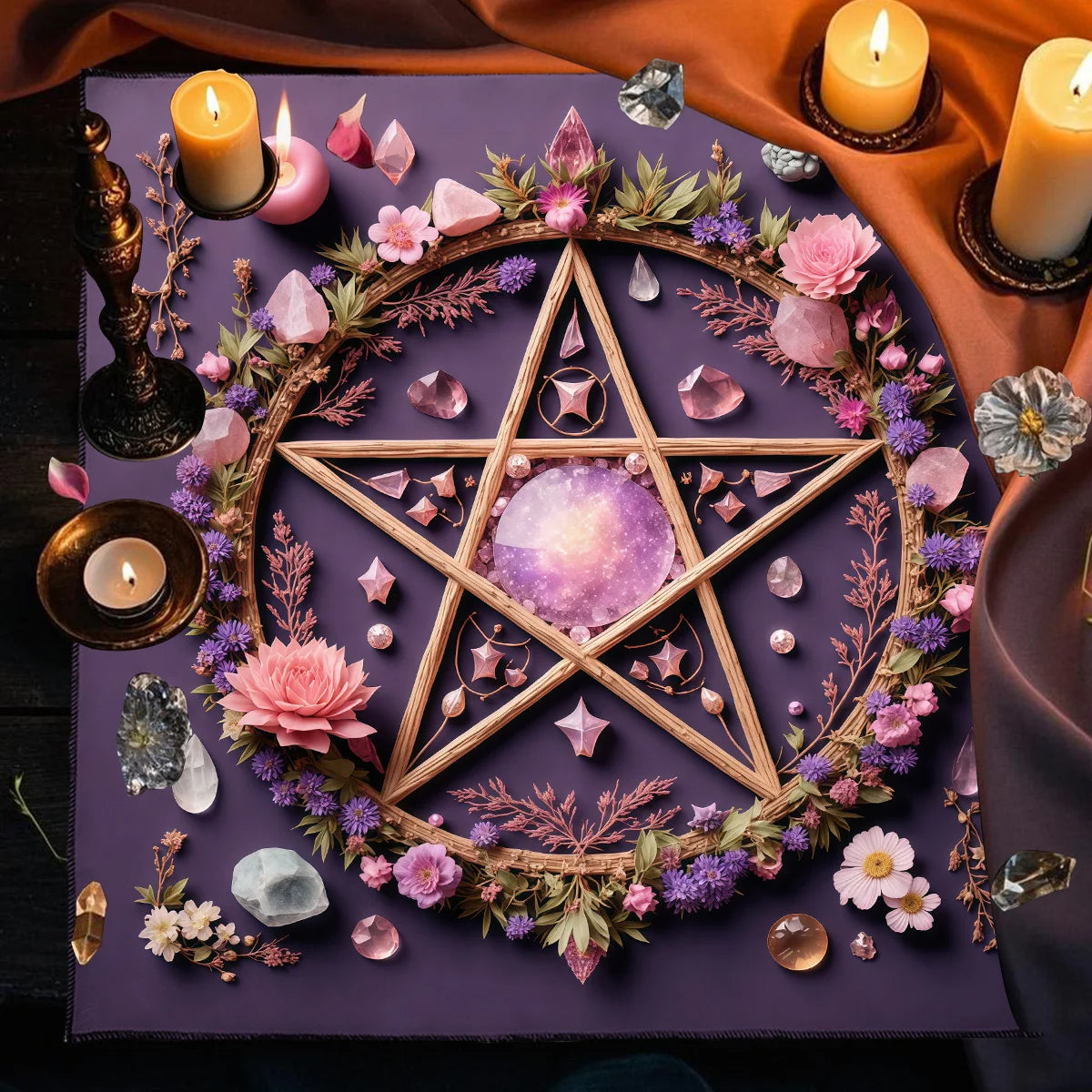 Pagan Altar Cloth with Star Pattern Vibrant Floral & Plants Vines Tarot Cloth For Divination Decor Witchcraft Oracle Cards Pads