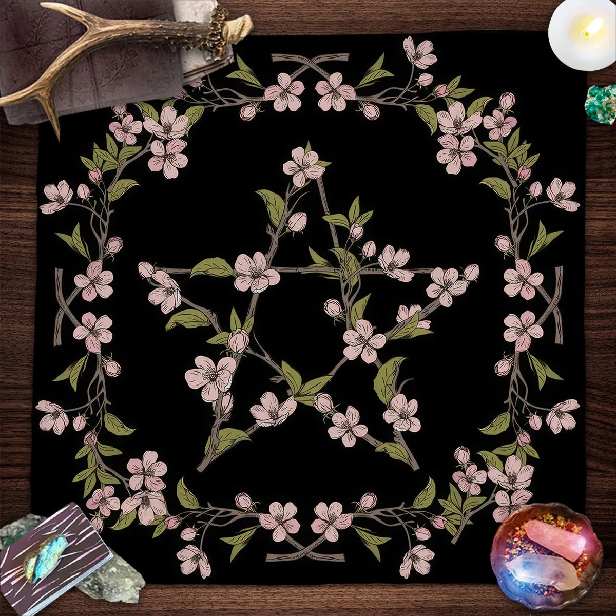 Pagan Altar Cloth with Star Pattern Vibrant Floral & Plants Vines Tarot Cloth For Divination Decor Witchcraft Oracle Cards Pads
